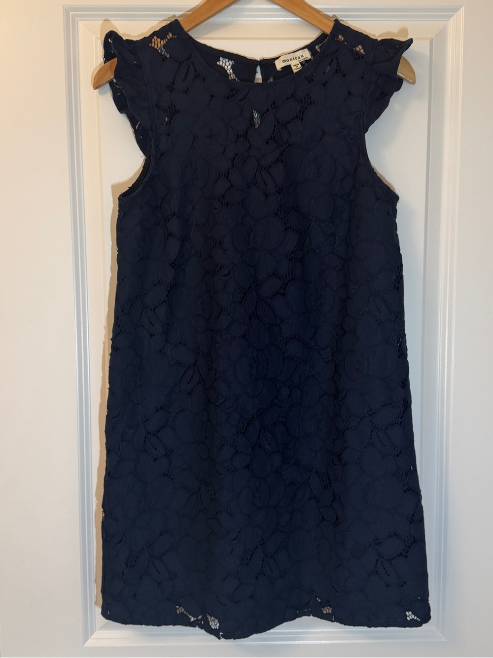 navy Monteau lace dress with playful ruffle sleeves
